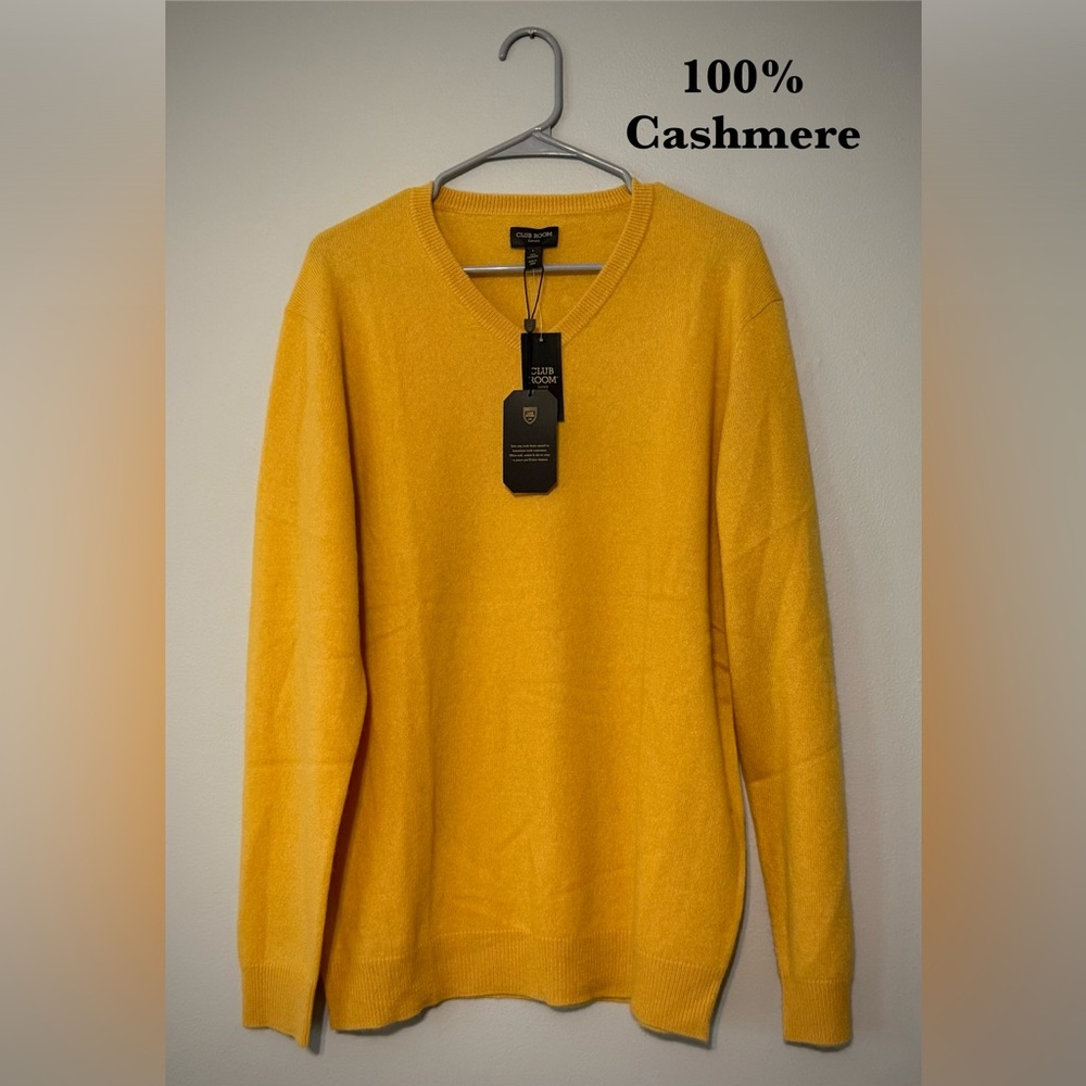 Club Room Men's V-Neck Cashmere Sweater in Mustard Yellow